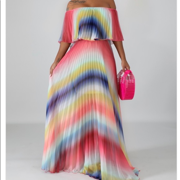 Rainbow Multi pleated off shoulder maxi - Picture 1 of 3